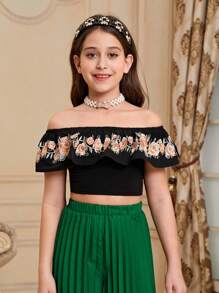 Tween Girl Cute Embroidered Ruffle T-Shirt With Ruffle Trim - Black - View 6