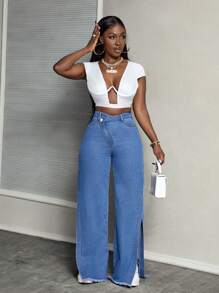 SHEIN Slayr Quần jean ống rộng xẻ tà lưng cao bất đối xứng dành cho nữ - Rửa trung bình - Xem 4