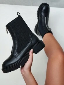 CUCCOO BIZCHIC 女士極簡主義厚底拉鍊設計時尚戶外黑色靴子，度假鞋夏季促銷 - 黑色 - 查看 1