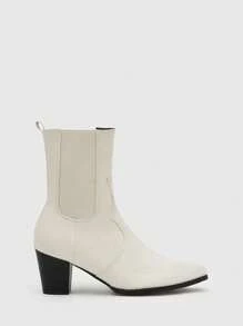 Women Slip-on Chunky Heeled Classic Boots, Elegant Beige Faux Suede Mid Calf Boots - Beige - View 3