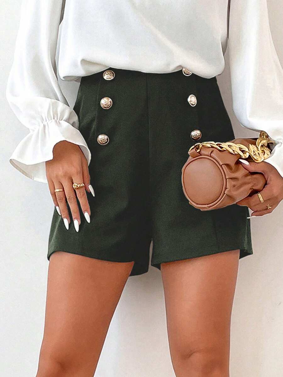 EURMUSE Button Detail Shorts - Black - View 1