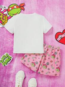 TEENAGE MUTANT NINJA TURTLES X SHEIN Set pigiama con top e pantaloncini con grafica di lettere e cartoni animati per ragazze giovani