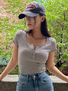 Dazy Star Women's Summer Striped & Printed Button Half-Placket Short Sleeve Casual T-Shirt,Crop Tops Women Preppy Tops - Apricot - View 3