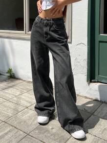 DAZY Women Casual Everyday Denim Wide Leg Pants With Pockets For Travel,Baggy Jeans - Dark Grey - View 3