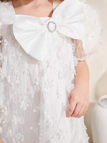 SHEIN Chiếc váy midi tay phồng có nơ ngọt ngào cho cô gái trẻ với đường viền cổ vuông cho kỳ nghỉ - trắng - Xem 5