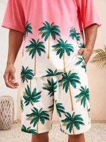 Manfinity VCAY Men Summer Palm Tree Printed Short Sleeve Knit Casual T-Shirt And Shorts Set