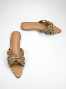 Sandalias planas puntiagudas color caqui con adornos de cadena de estrás elegantes y cómodas para mujer, para uso diario y de fiesta