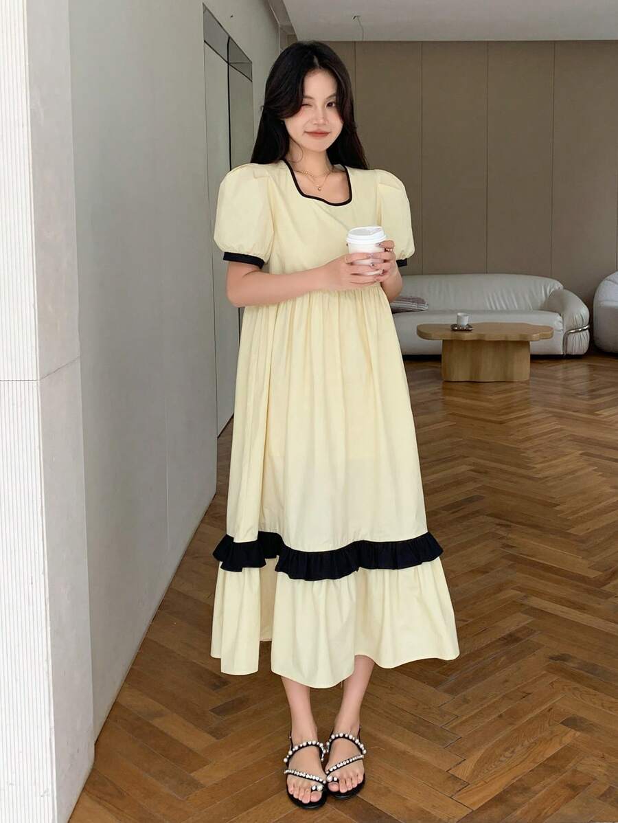 DAZY Women's Color Contrast Puff Sleeve Casual Daily Wear Short Sleeve Dress For Summer,Ruffle