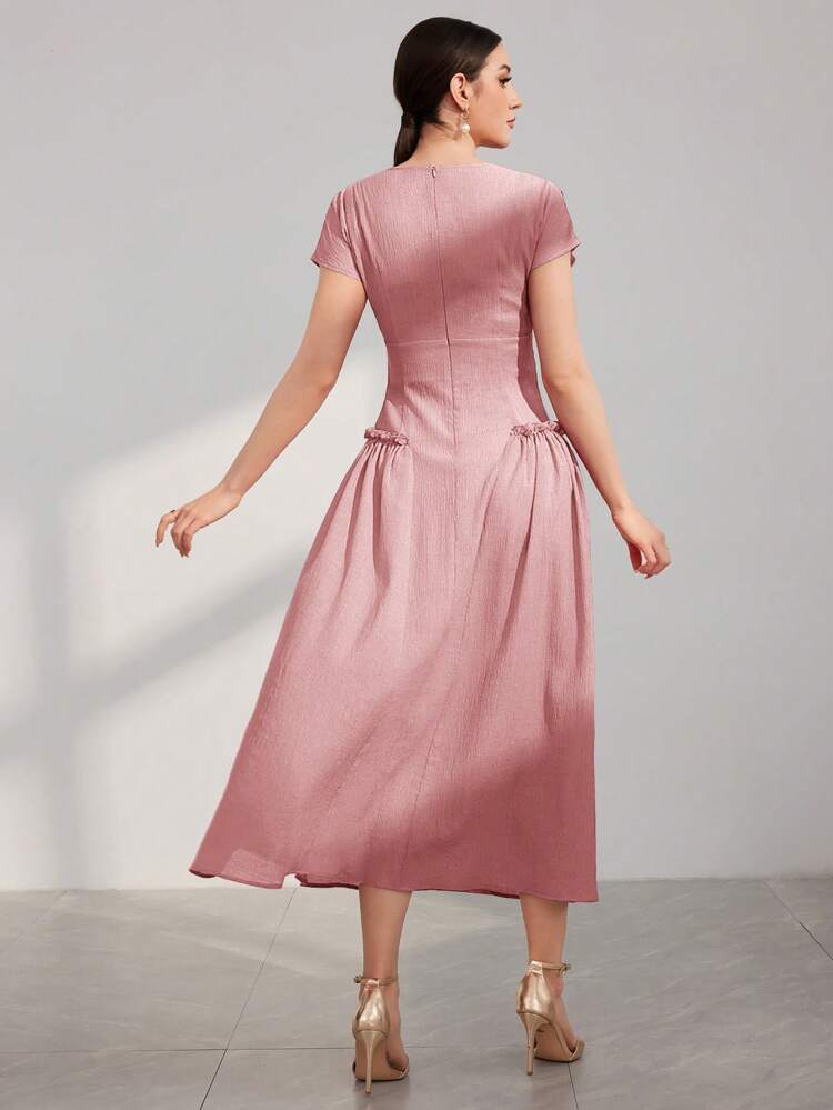 Women's Summer Solid Color Round Neck Cap Sleeve Dress With Elegant Ruffle Hem Long Evening Dresses