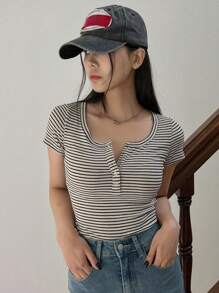 Dazy Star Women's Summer Striped & Printed Button Half-Placket Short Sleeve Casual T-Shirt,Crop Tops Women Preppy Tops - Apricot - View 7