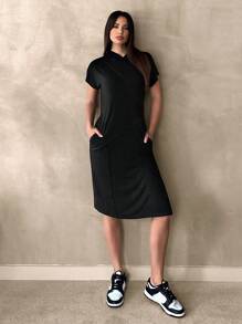 SHEIN Essnce Ladies' Simple Black Short Sleeve Daily Dress Hoodie Summer Clothes Casual Summer Dress - Black - View 6