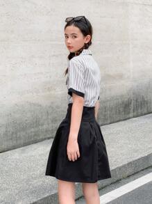 少女色塊條紋拼接T恤和純色高腰裙休閒風夏季套裝