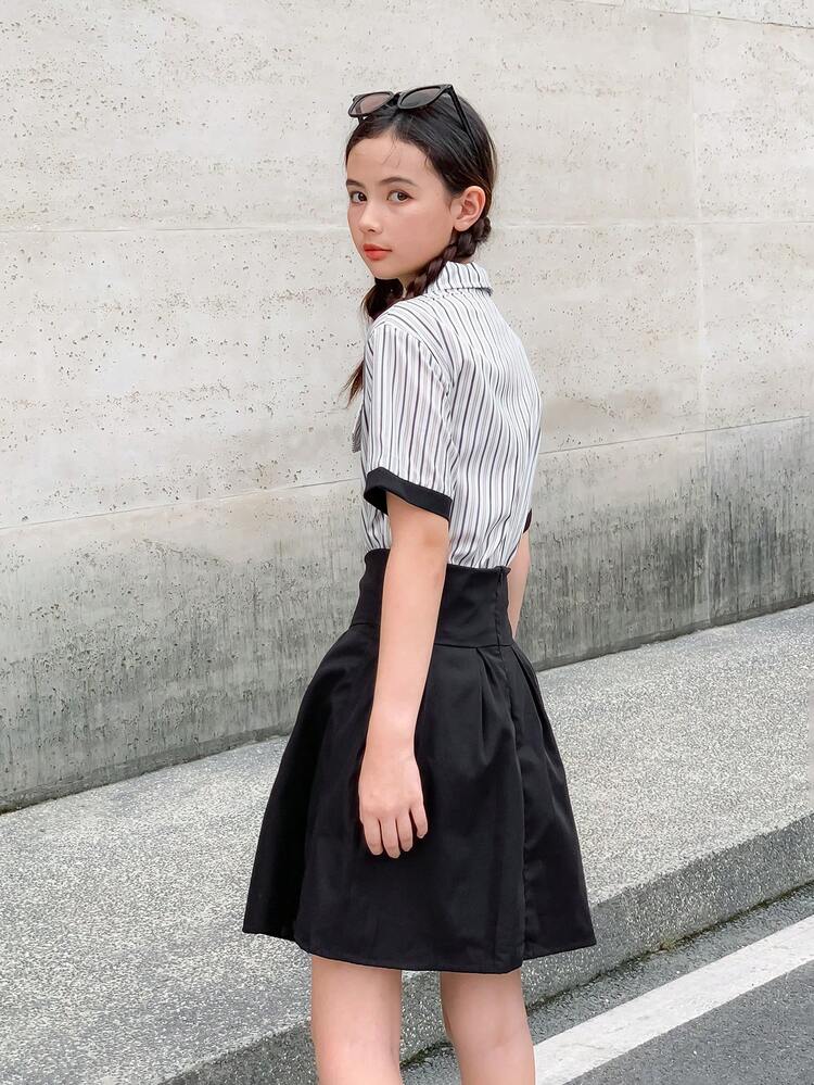 Teen Girl Colorblock Striped Patch Tee & Solid Color High Waist Skirt Preppy Style Summer Outfit Set