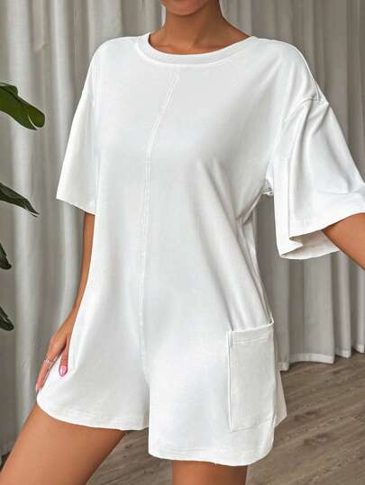 SHEIN EZwear 大码白色宽松深 V 领连体裤，春夏