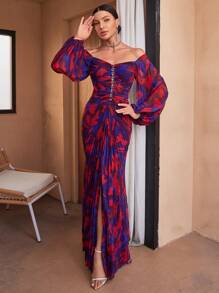 SUPGIR Random Cut Floral Watercolor Print V-Neckline, Crystal-Embellished Pleated Modest Long Sleeve Dress With Off-Shoulder Design - Red - View 4