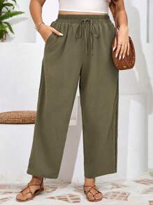 SHEIN Frenchy Plus Size Women's Fashionable Loose Solid Color Summer Pants - Army Green - View 6
