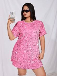 SHEIN ICON 大码夏季宽松闪亮装饰圆领连衣裙 - 粉色 - 查看 4