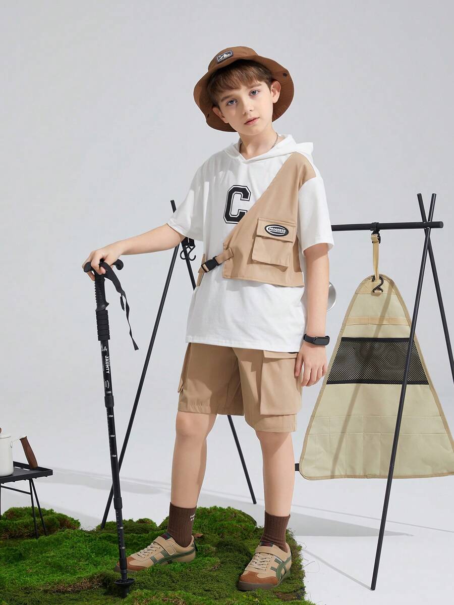 SHEIN Leap Crew Tween男孩寬鬆休閒連帽字母圖案2合1t恤和短褲套裝 - 卡其色 - 查看 1
