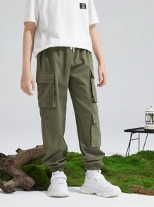 SHEIN Boys Drawstring Waist Cargo Trousers - Army Green - View 3