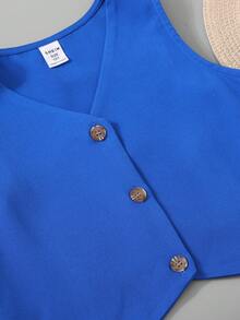 SHEIN Conjunto de pantalón largo sin mangas Street-Style para niña preadolescente, tejido sólido de color con cuello en V para mezclar y combinar en primavera y verano - Azul - Ver 4