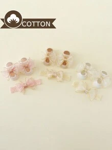 1 Đôi Tất Ngắn Công Chúa Cho Bé Gái Với Thiết Kế Viền Vàng & Nơ, Thích Hợp Để Đeo Hàng Ngày Với 1 Băng Đô Quấn Tóc Cho Bé - trắng - Xem 1