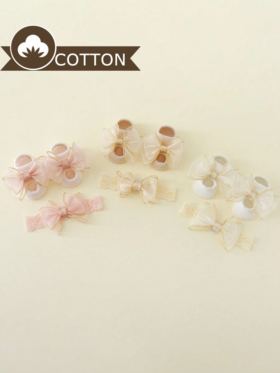 1 Đôi Tất Ngắn Công Chúa Cho Bé Gái Với Thiết Kế Viền Vàng & Nơ, Thích Hợp Để Đeo Hàng Ngày Với 1 Băng Đô Quấn Tóc Cho Bé - trắng - Xem 1