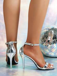 Casual Open Toe Silver High Heels, Simple Ankle Strap Stiletto Silver Sandals - Silver - View 7