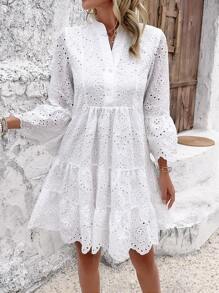 Breezaya 女士刺繡襯衫連衣裙,搭配飄逸袖子和空心設計 - 白色 - 查看 1