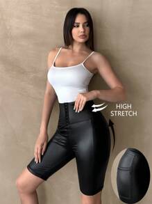 SHEIN Essnce Pu Leather Shorts High Waisted Shorts Women Shorts 2- Pockets  Black High-Waisted Stretchy Leggings, Summer