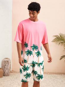 Manfinity VCAY Men Summer Palm Tree Printed Short Sleeve Knit Casual T-Shirt And Shorts Set