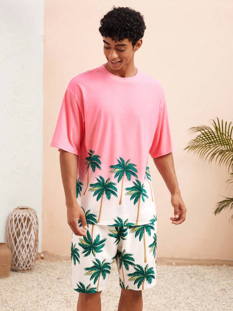Men Summer Palm Tree Printed Short Sleeve Knit Casual T-Shirt And Shorts Set