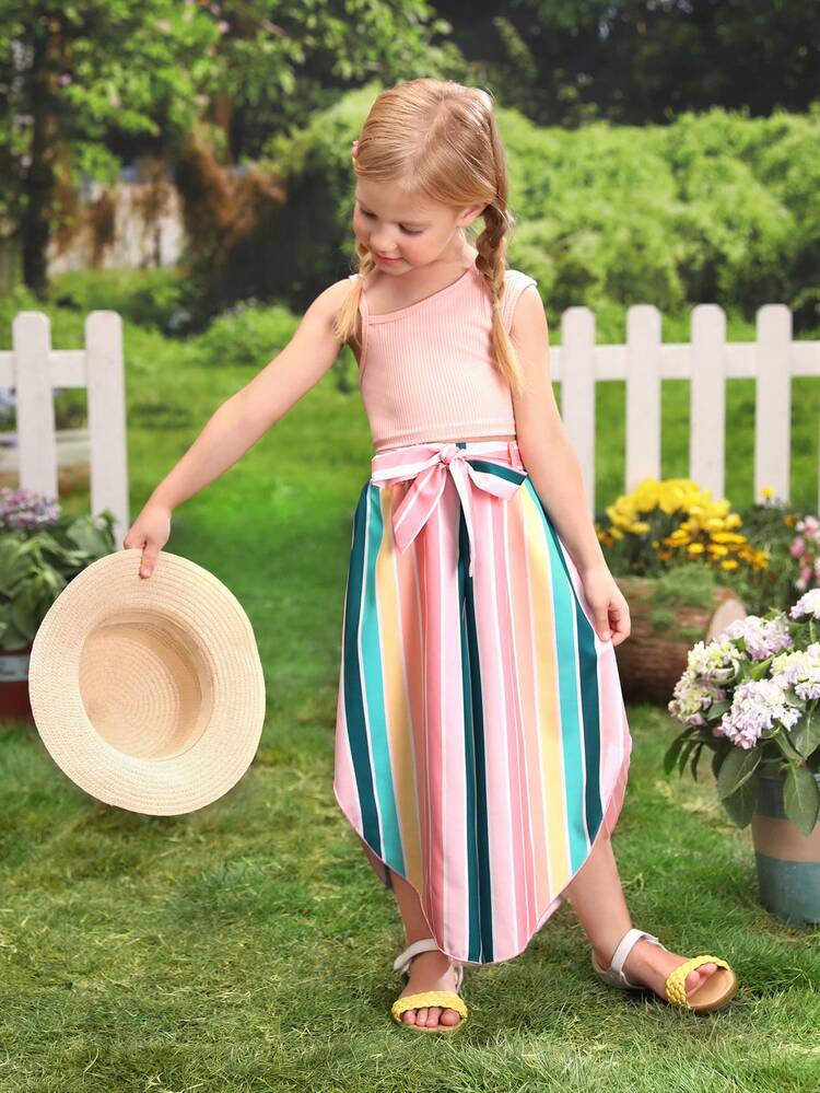 Young Girl Asymmetrical Neck Top & Block Striped Belted Pants