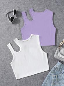 SHEIN Camiseta sin mangas acanalada de cuello asimétrico de unicolor para niña preadolescente, ideal para verano casual - Multicolor - Ver 2