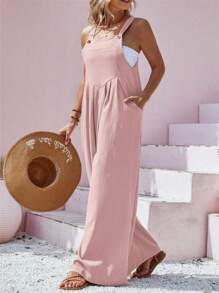 Women's Plain Buttoned Pocket Suspender Wide Leg Jumpsuit Pants - Pink - View 3