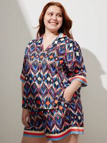 LUVLETTE Bộ đồ ngủ lụa ngắn in họa tiết cổ điển thời trang dành cho nữ Plus - Màu xanh hải quân - Xem 2