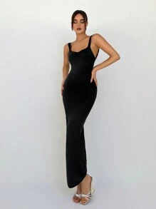 Aloruh 黑色修身長派對禮服，背心設計 - 黑色 - 查看 5