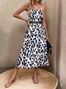 SHEIN LUNE 女式夏季豹纹侧开衩下摆休闲吊带连衣裙长款女装 - 彩色 - 查看 5