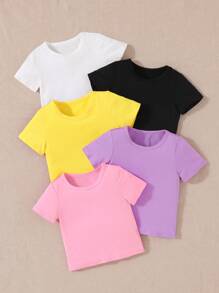 SHEIN Playful Pals 5pcs/Set Baby Girl Casual Round Neck Short Sleeve T-Shirts For Summer - Multicolor - View 1
