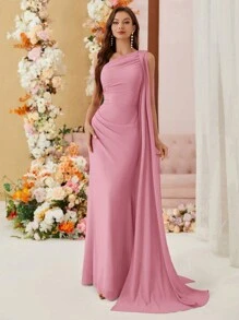 Aureia 不对称领口雪纺伴娘礼服，带垂坠侧边，（成人）女士正式舞会礼服优雅舞会晚会婚礼宾客礼服，适合毕业典礼、晚宴派对礼服 - 藕粉色 - 查看 6