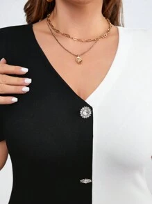 SHEIN Clasi 大码 V 领修身拼色泡泡袖黑白连衣裙 - 黑與白 - 查看 5