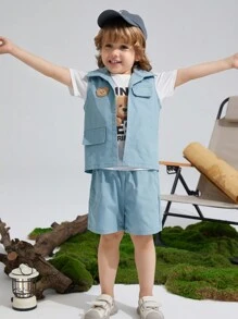 SHEIN Conjunto De 3 Piezas Para Chicos Jóvenes, Chaleco Casual, Camiseta De Manga Corta Con Patrón De Oso Lindo Y Shorts, Cómodo Y Moderno, Adecuado Para Primavera Y Verano