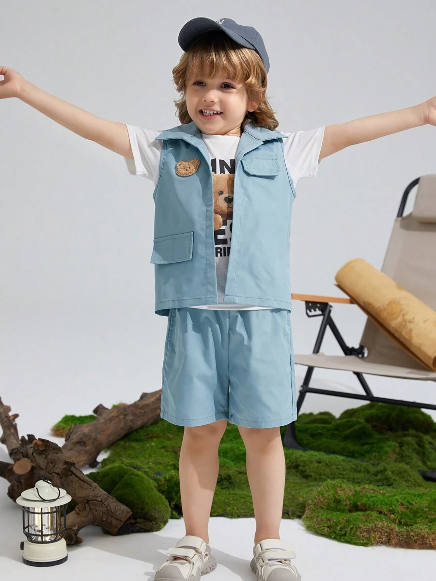 SHEIN Conjunto De 3 Piezas Para Chicos Jóvenes, Chaleco Casual, Camiseta De Manga Corta Con Patrón De Oso Lindo Y Shorts, Cómodo Y Moderno, Adecuado Para Primavera Y Verano