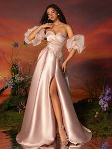 VIPGIRL Váy dạ hội thiết kế tay bồng bằng vải satin vàng hồng, váy dạ hội trang trọng giúp thon gọn và kéo dài chân cho phụ nữ, váy dạ hội trang trọng cho những dịp trang trọng, váy dự tiệc cưới thanh lịch, dự tiệc tốt nghiệp, tiệc tối - Hoa hồng vàng - Xem 6