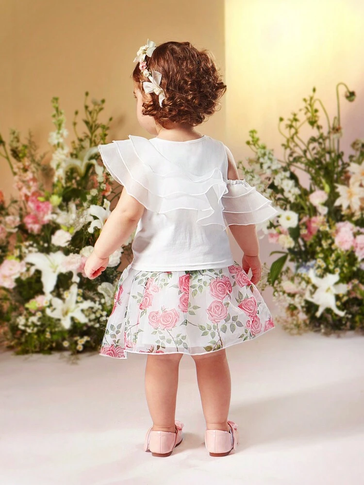 Baby Girl Elegant Knitted Patchwork Organza Ruffled Cold Shoulder Top With Elastic Waist And Organza Floral Design Skirt, Suitable For Summer