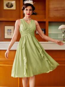 Vintamour Sage Green Elegant Summer Date Women's Dress,Vintage V Neck Mesh Chiffon Ruched Ruffle Hem Sleeveless Faux Pearl Button Midi Formal Wedding Dresses - Green - View 7