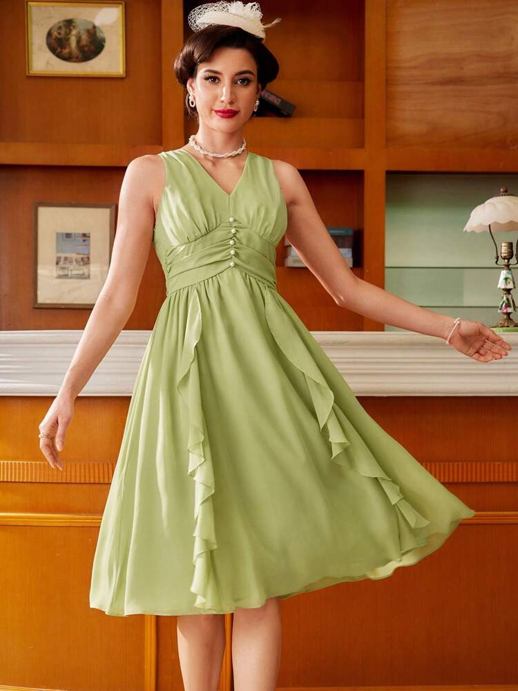 Vintage Elegant Women's Dress, Loose Fit, V Neck Mesh Chiffon, Ruched Ruffle Hem, Sleeveless, Faux Pearl Button, Holiday Green Umbrella-Shaped Hem, Spring/Summer Summer Dress Dress Summer Outfits Women Vintage Clothes Midi Women Dresses Formal Dresses Wedding Brides Maid Dresses Concert Women Outfit Dresses Graduation Country Concert Outfit
