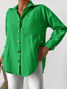 RueChic Solid Button Front Pocket Patched Shirt - Green - View 4