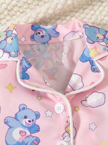 SHEIN Baby Girl Pink Panda Print Short Sleeve Cardigan With Shorts Casual 2pcs Home Outfit