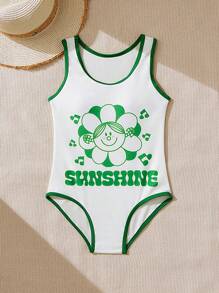 Mr Men Little Miss X SHEIN Tween Girl Cartoon & Letter Printed Ringer One-Piece Swimsuit - Multicolor - View 1