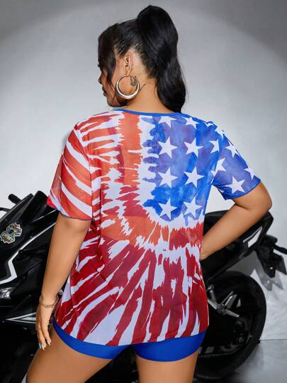 Swim EVENT Plus Size Women's Stylish Summer Beach Vacation USA Flag Print Tankini Set, 4th Of July